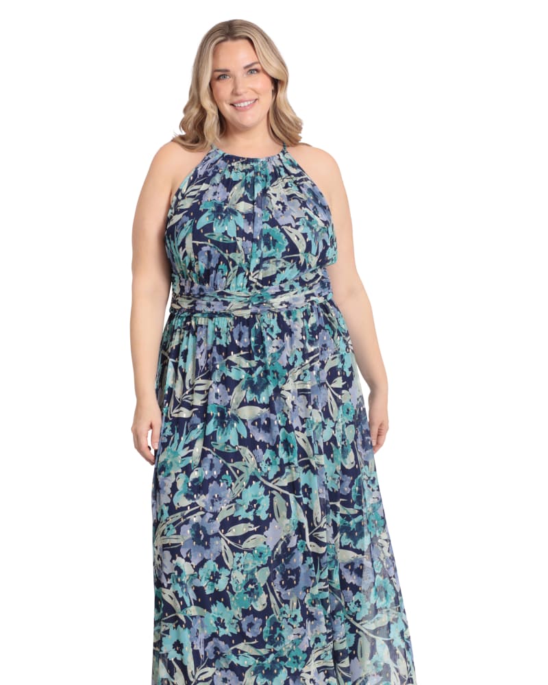 Front of a model wearing a size 14W Floral halter maxi dress in Navy Mint by London Times. | dia_product_style_image_id:268528